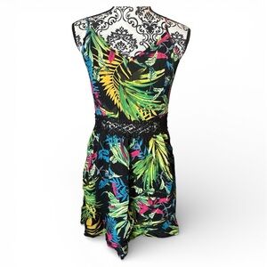 NWT Cupshe Black Tropical Leaf Mini Dress with Multicolor Print and lace midrift